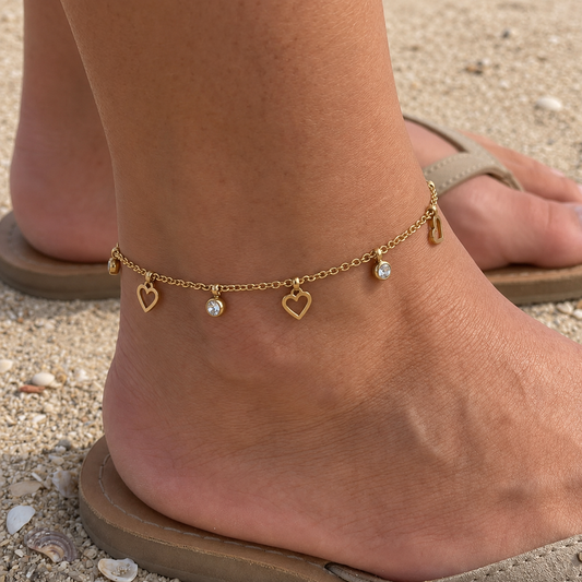 Golden Love Charm Anklet with Crystal Spark