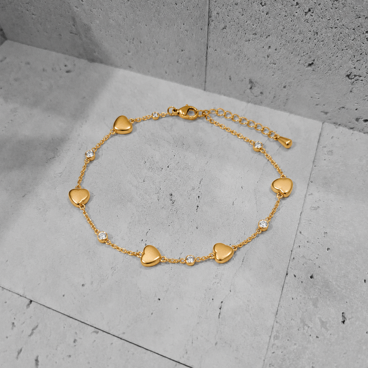 Golden Heart Charm Bracelet with Diamond Accents (Adjustable)