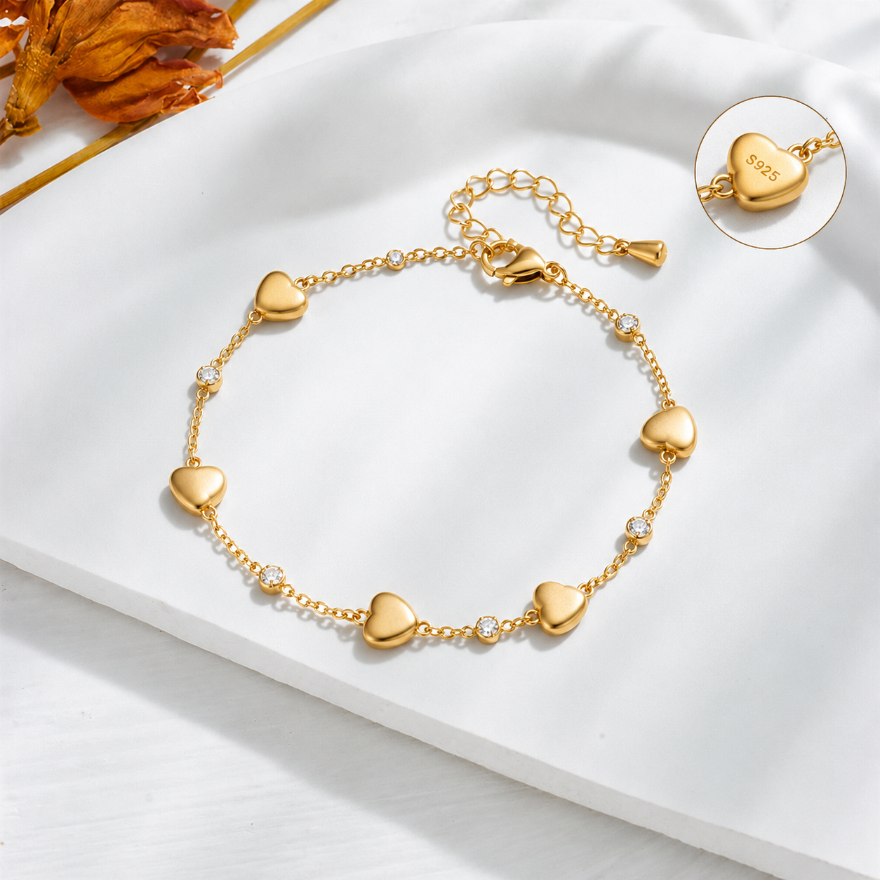 Golden Heart Charm Bracelet with Diamond Accents (Adjustable)